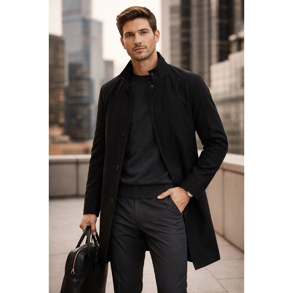 Cole Haan Men's Medium Black Topcoat Stand Collar‎ Lightweight Overcoat